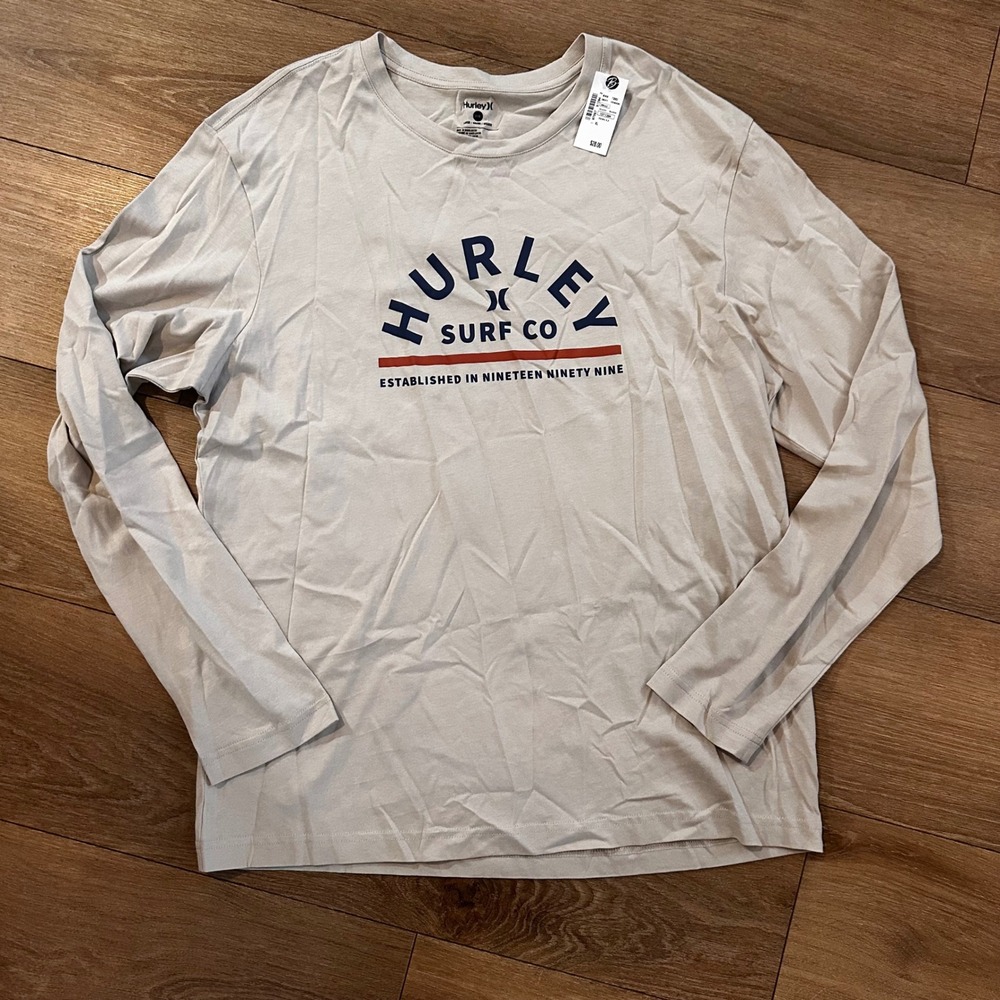 Hurley Surf Co Mens Long Sleeve Graphic T-Shirt Light Gray Large NWT